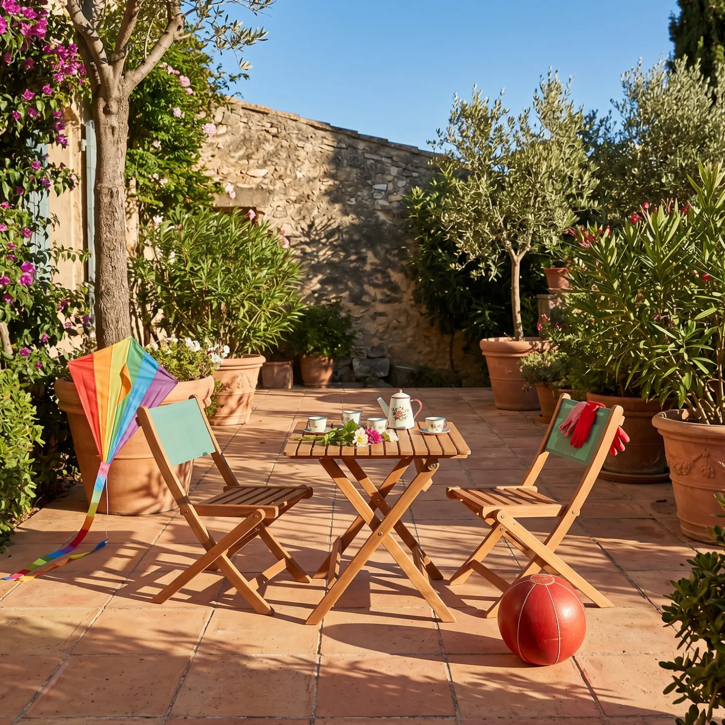 Set tavolo da giardino bistrot per bambini in legno di acacia con 2 sedie