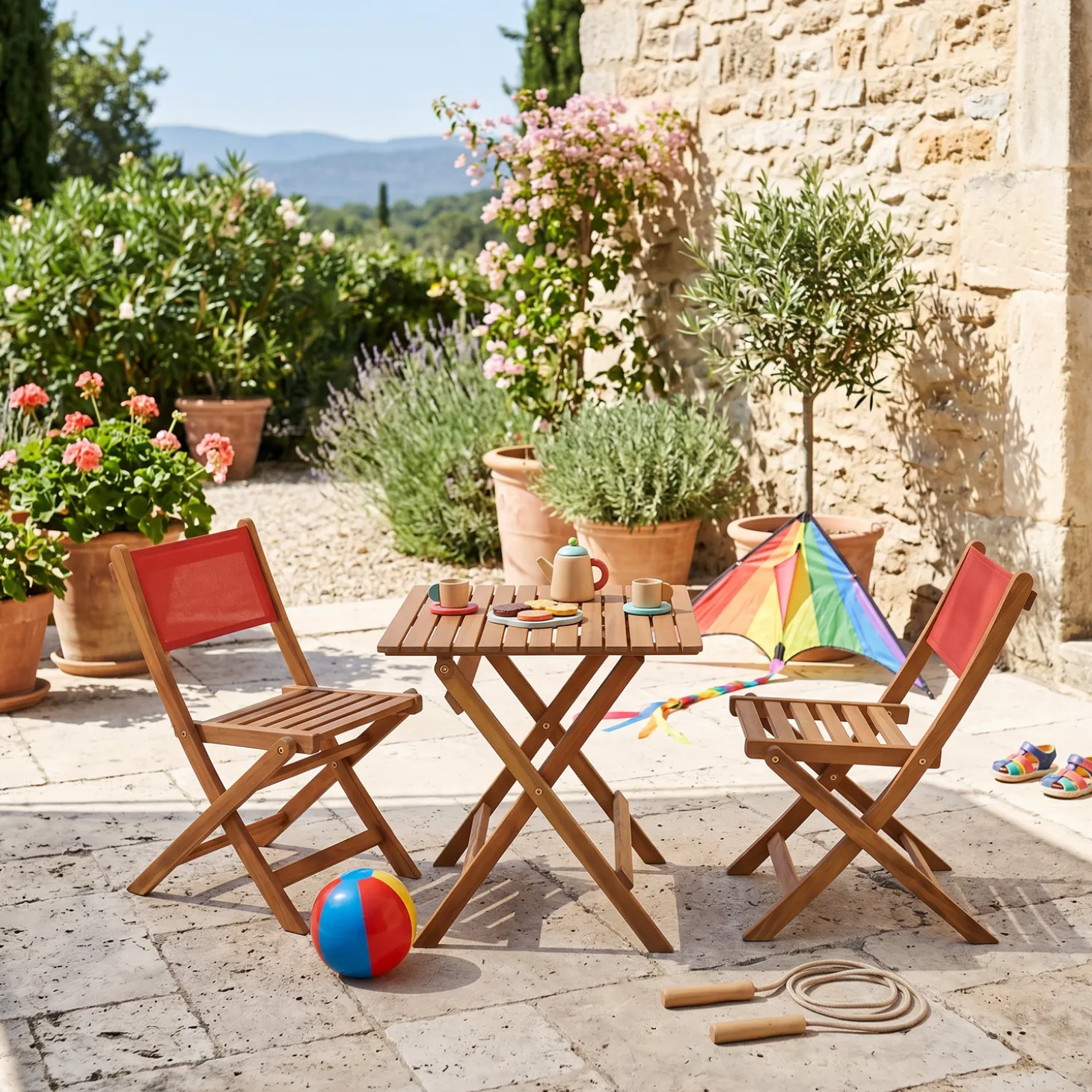 Set tavolo da giardino bistrot per bambini in legno di acacia con 2 sedie