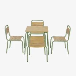 Set tavolo da giardino per bambini in acciaio e decorazione in legno con 4 sedie