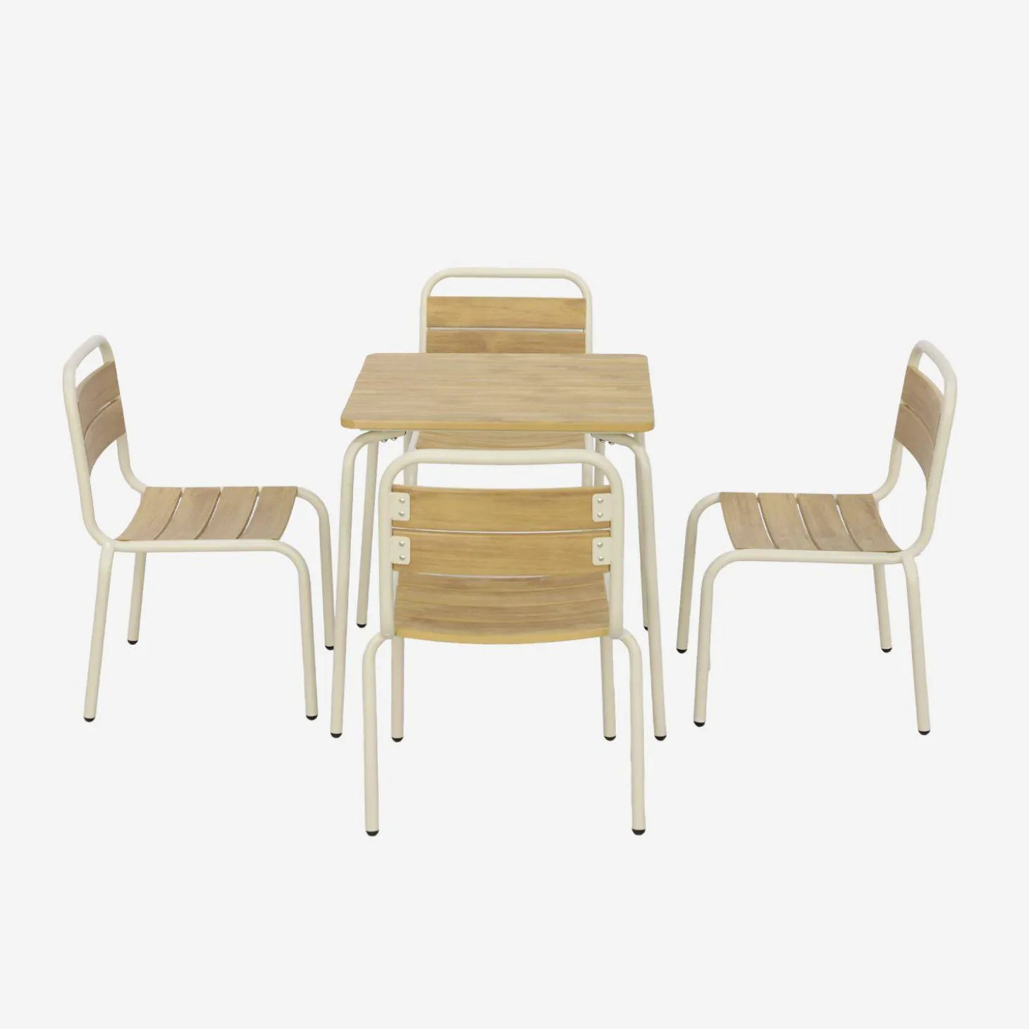 Set tavolo da giardino per bambini in acciaio e decorazione in legno con 4 sedie
