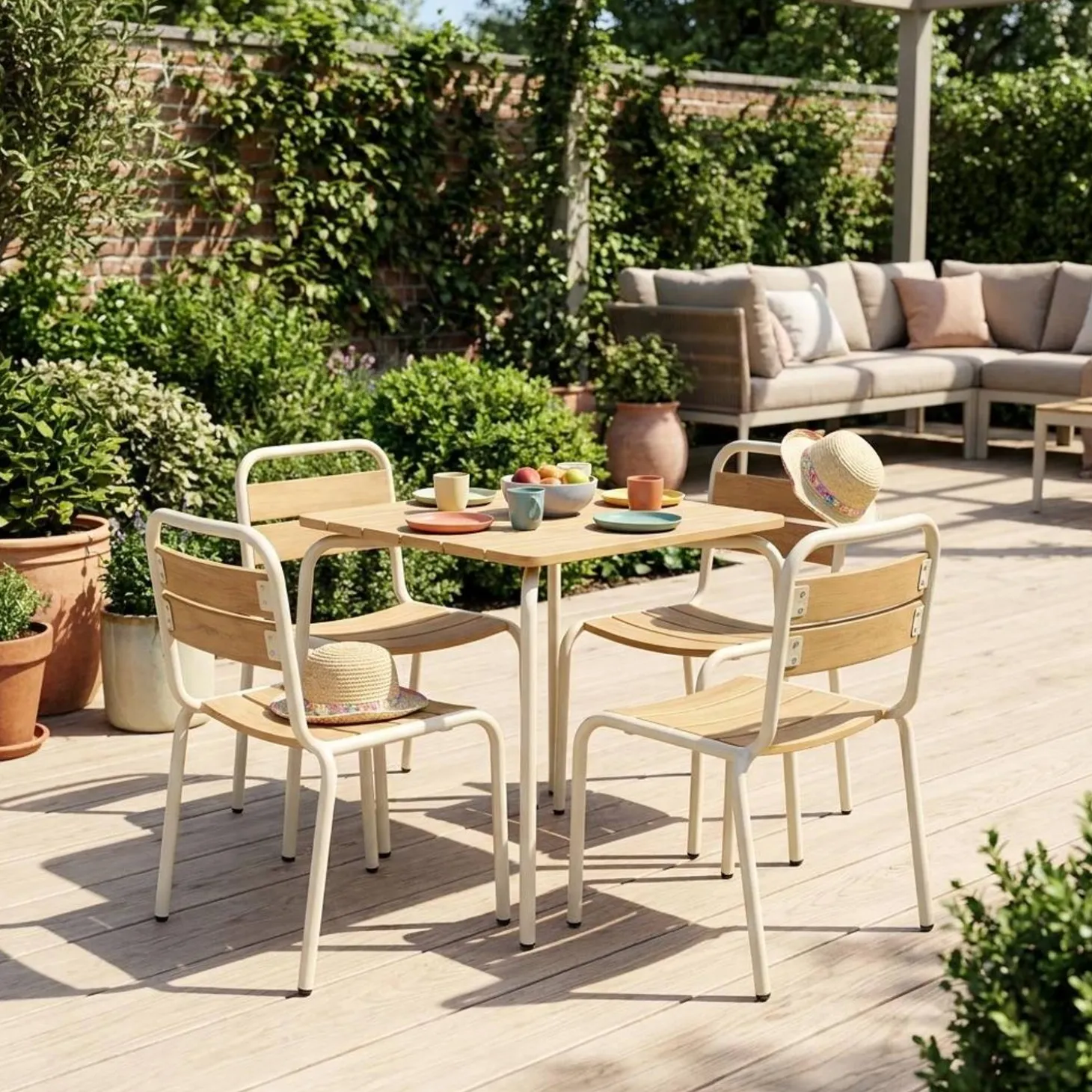 Set tavolo da giardino per bambini in acciaio e decorazione in legno con 4 sedie