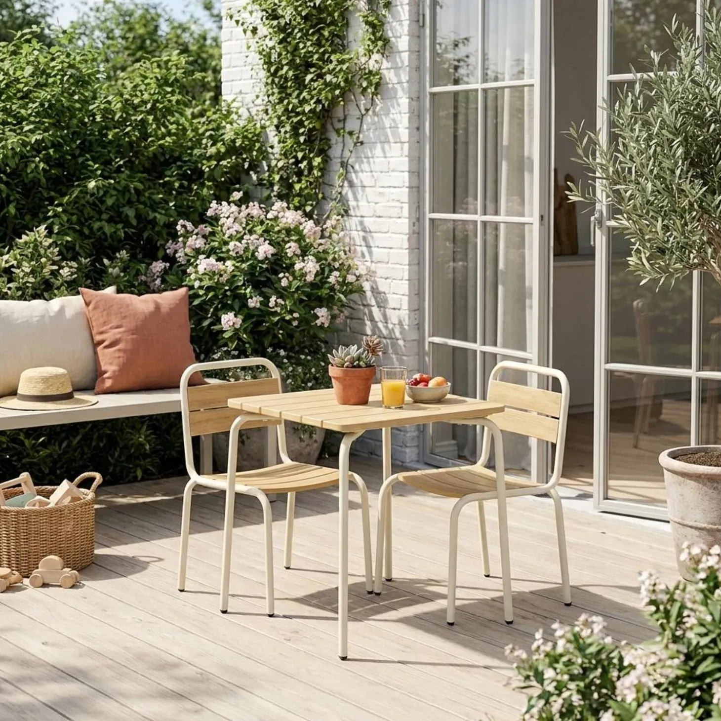 Set tavolo da giardino per bambini in acciaio e legno con 2 sedie