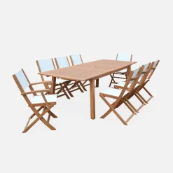 Set tavolo da giardino rettangolare allungabile in legno con 8 sedie