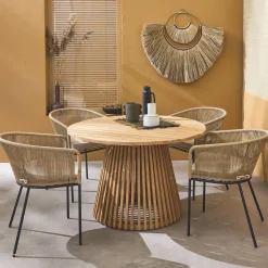 Set tavolo da pranzo rotondo in legno con 4 poltrone in corda