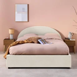 Struttura letto con contenitore e testiera imbottita bouclé, 160x200cm