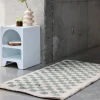 Tappeto a scacchiera di colore azzurro e crema