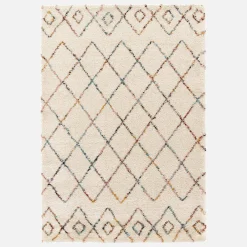Tappeto shaggy per interni, stile berbero, crema e multicolore