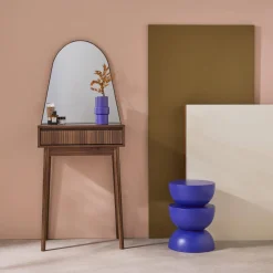 Toeletta trucco decorato in legno, specchio rotondo e 1 cassetto, 60cm